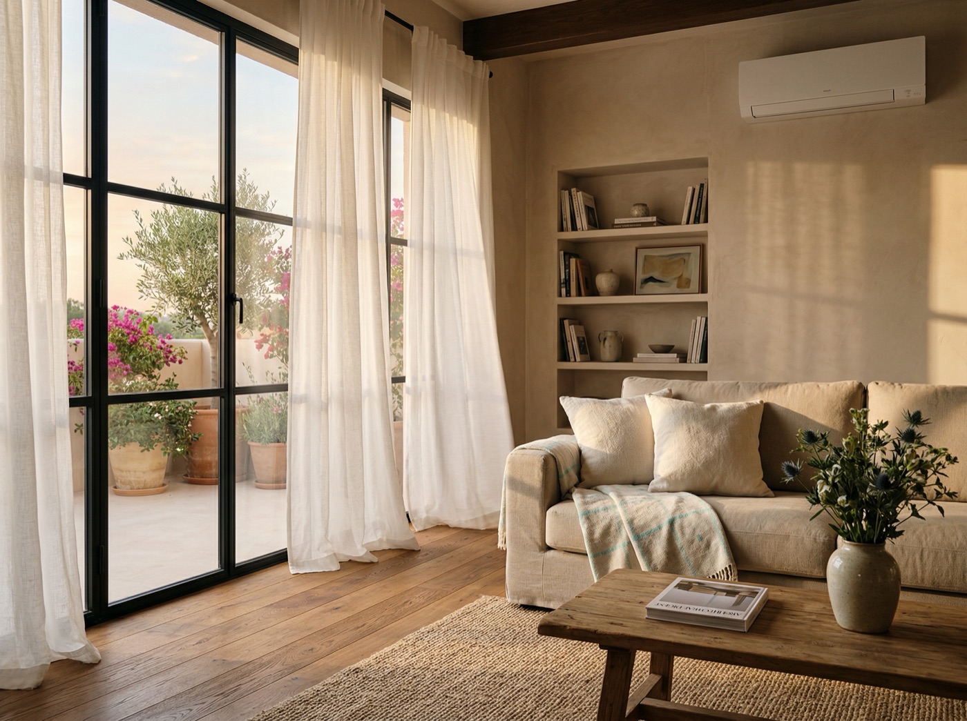 Sal&oacute;n c&aacute;lido en hora dorada con aire acondicionado discreto