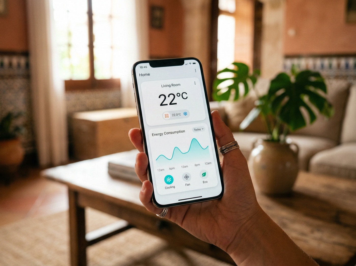 Mano sujetando m&oacute;vil con app de clima mostrando 22 grados y gr&aacute;fica de consumo