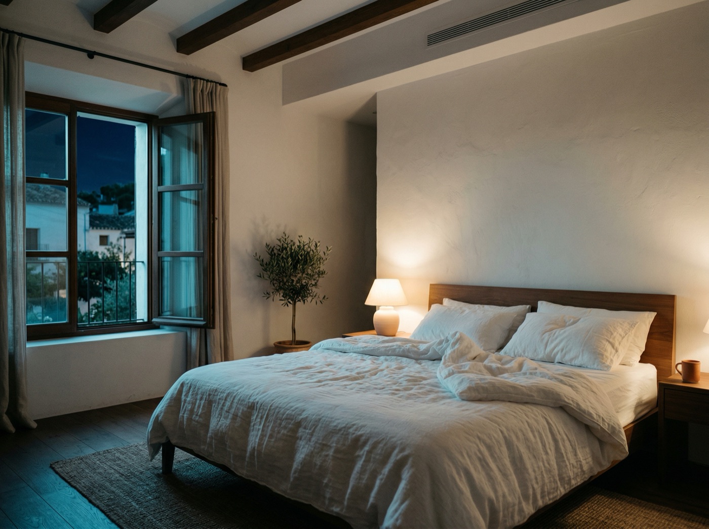Dormitorio silencioso de noche con luz c&aacute;lida suave