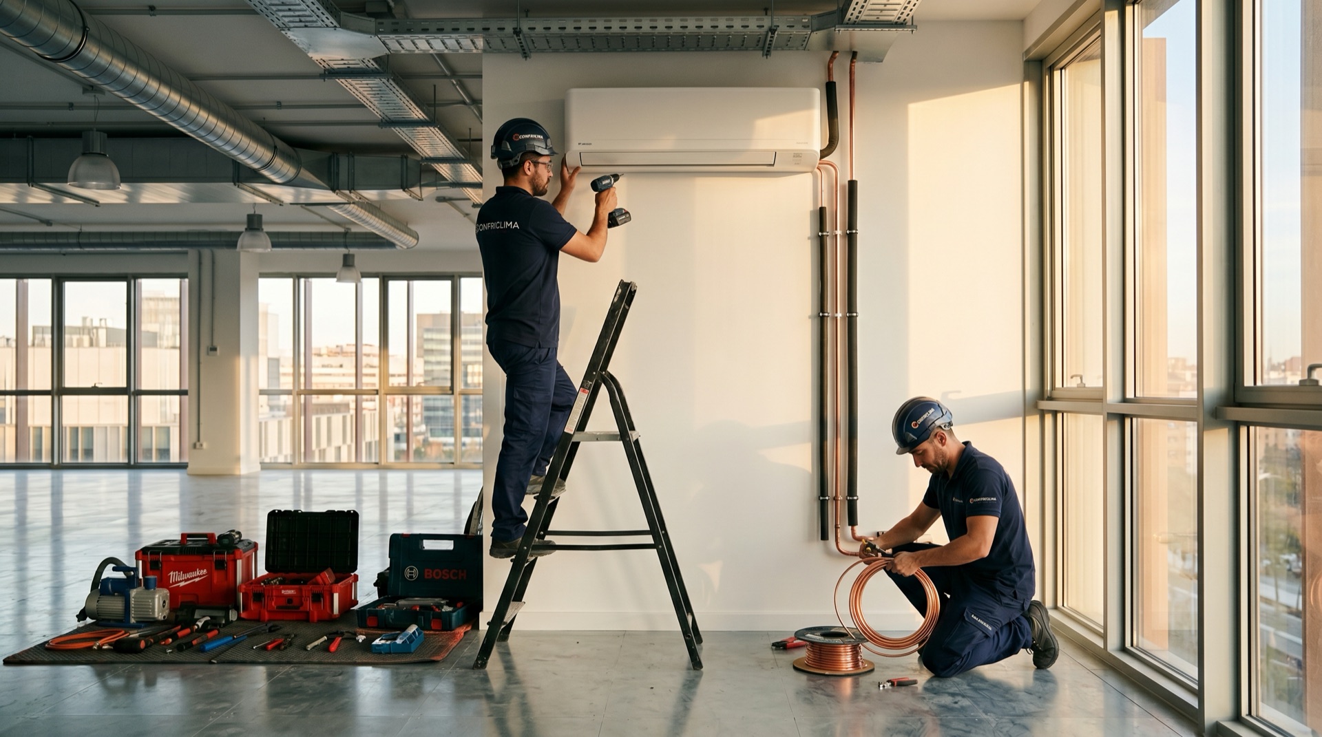 Dos técnicos de Confriclima instalando aire acondicionado en local comercial de Madrid