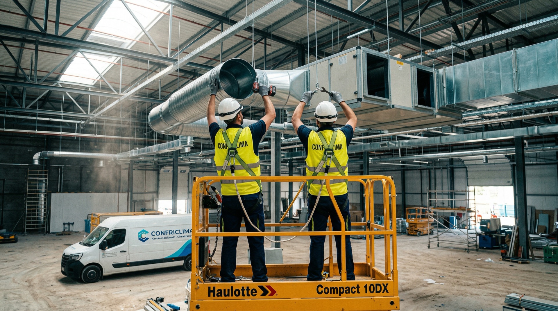 Dos instaladores de Confriclima sobre plataforma elevadora durante obra industrial